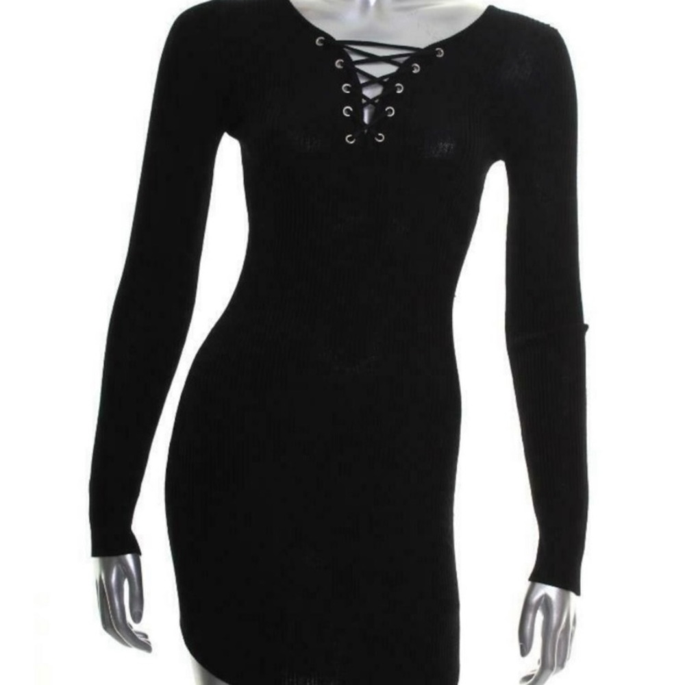 Planet Gold Black long sleeve Lace-up MINI Dress